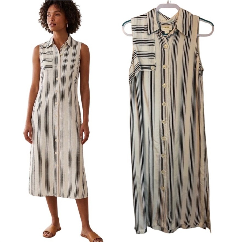 Maeve Anthropologie Black Striped Sleeveless Buttoned Shirt Midi Dress Size 6